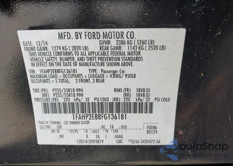 2015 Ford Taurus Sel z USA, uszkodzony, nr VIN 1FAHP2E88FG136181